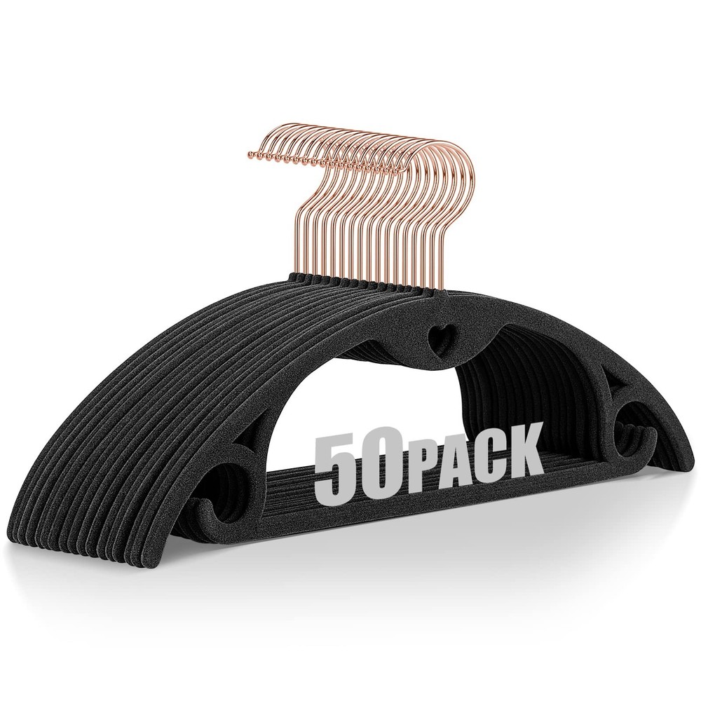 IEOKE Velvet Hangers 50 Pack: Felt Standard-50 pack, Black Grey/Gold Hook