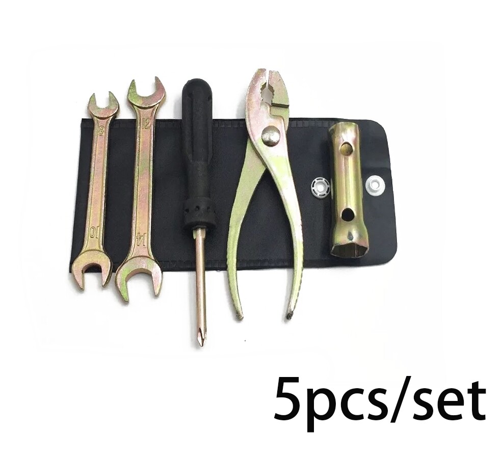 5 Pcs Motorcycle Repair Tool Kit Spanner Wrench Screwdriver Pliers W/Storage Bag
