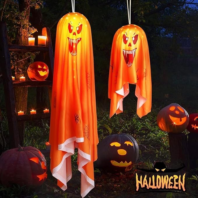2 Pcs Spooky Orange Ghost String Lights for Halloween Outdoor Decor