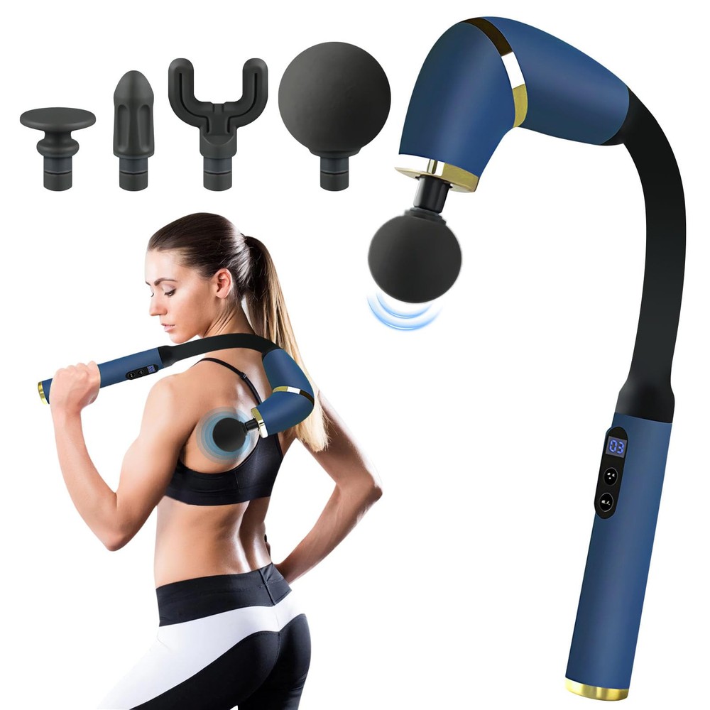 Upgraded Massage Gun with Extended Handle, Portable Back Massager featuring 4 Massage Heads for Deep Tissue Relief and Recovery