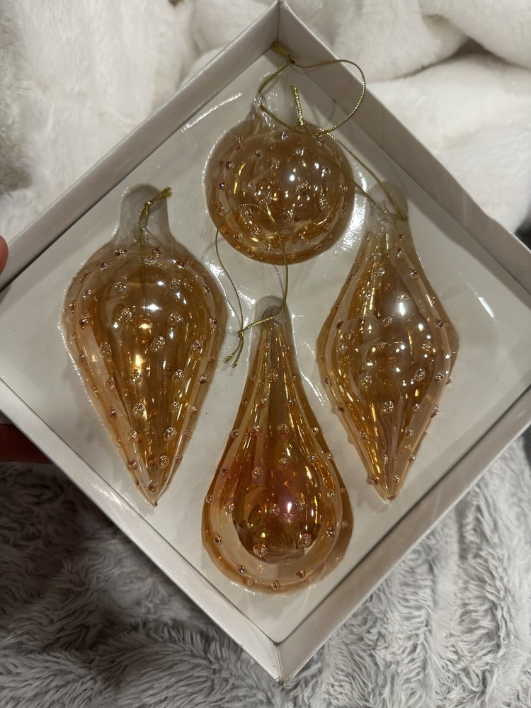 Hand Blown Peachy Gold Opalescent Glass Ornaments Set of 4
