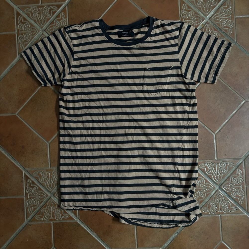 Cotton On Garment Tan Black Striped Longline Fit Men’s Front Pocket Shirt Size M