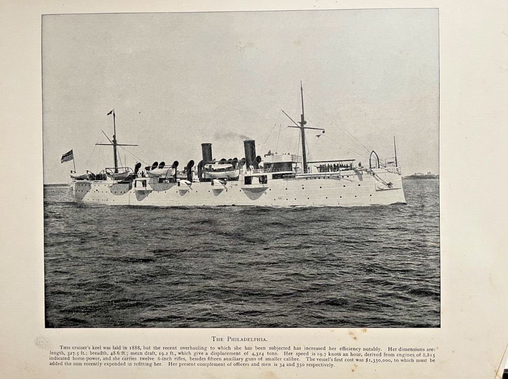 1898 Vintage Illustration United States Cruiser Philadelphia Spanish War