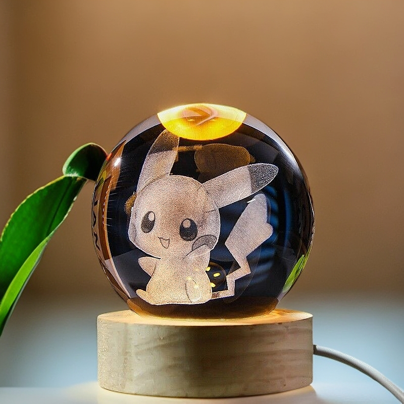 3D Carved Pikachu Crystal Ball Night Light with Wooden Base for Kids Gift