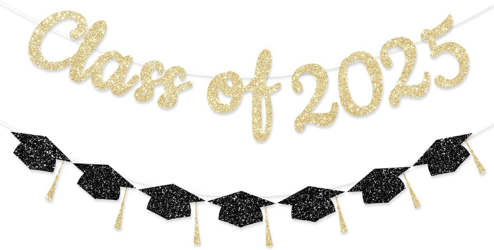 Pre Strung Class of 2025 Gold Glitter Graduation Banner Party Decor