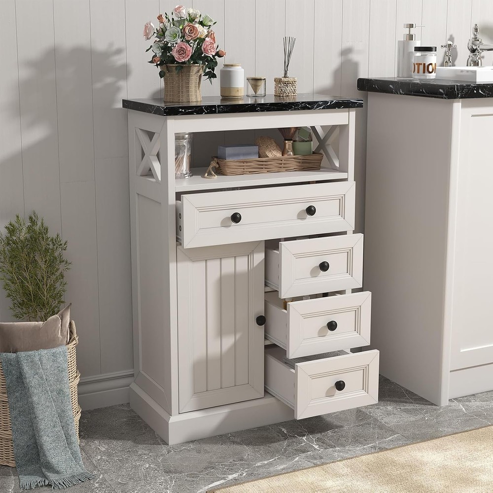 White Freestanding Bathroom Storage Cabinet with Doors & 4 Drawers