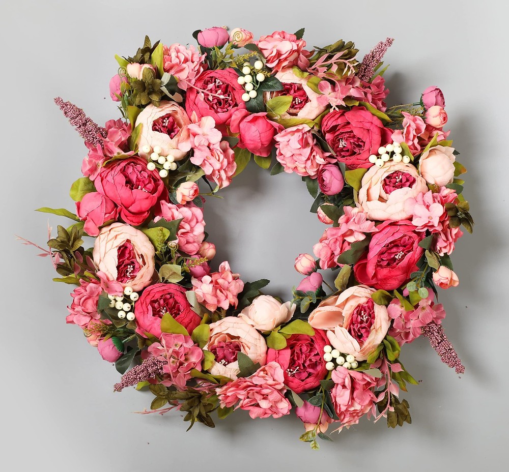 Peony Wreaths for Front Door | 23 inch Spring Front Door Wreath Summer Fall W...