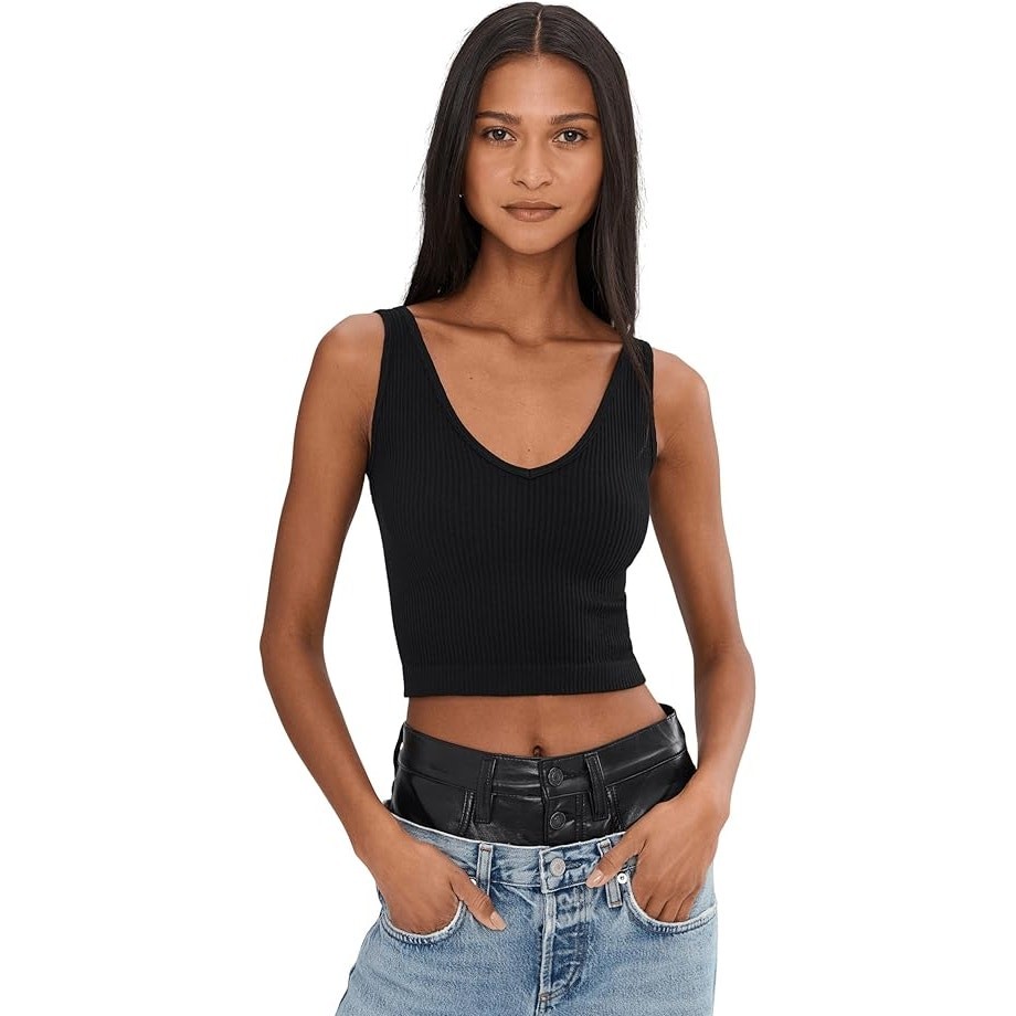 Free People Women Black Solid Rib Brami Cropped Stretch Tank Top Size XS/S