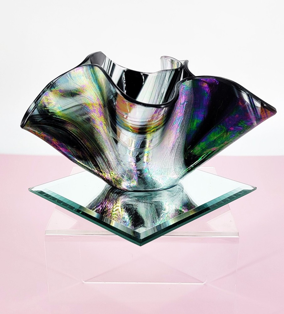 1980 Hand Blown Pastel Iridescent & Black Art Glass Handkerchief  Votive Holder