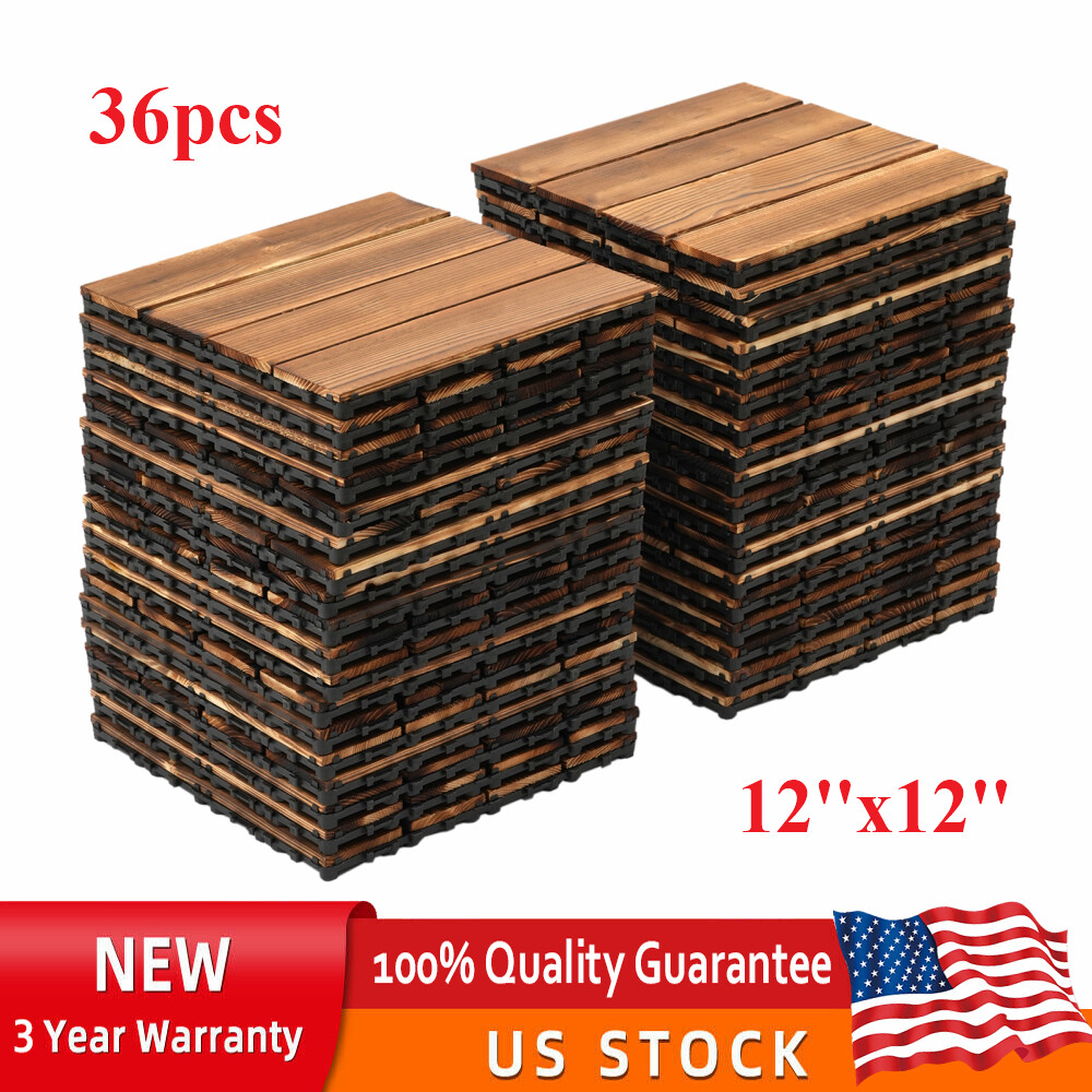 Hardwood Interlocking Patio Deck Tiles Wood Flooring DIY Outdoor 12''x12'' 36Pcs