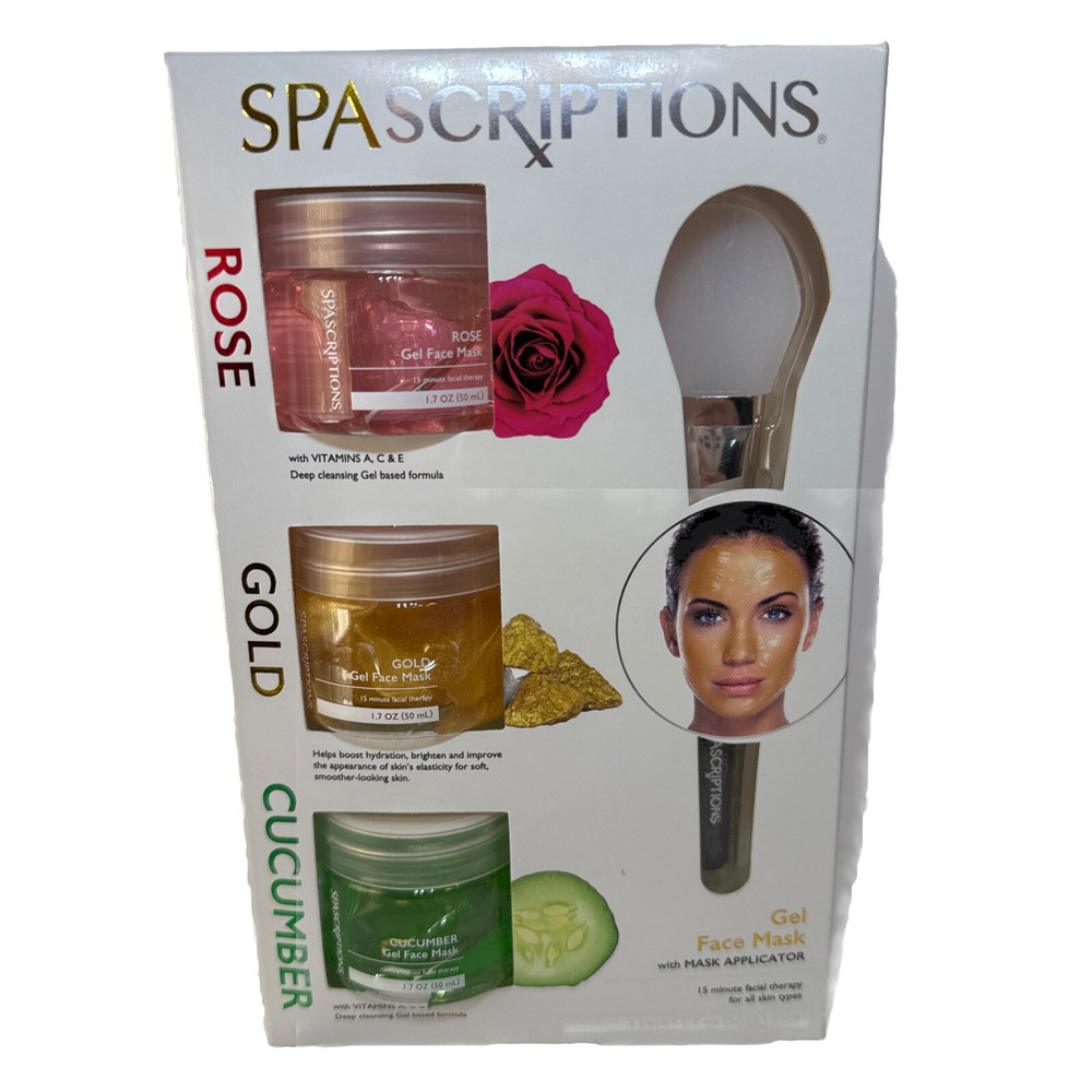 SPASCRIPTIONS 3-Pack Gel Face Mask Rose Gold Cucumber Applicator 1.7 50ML Set