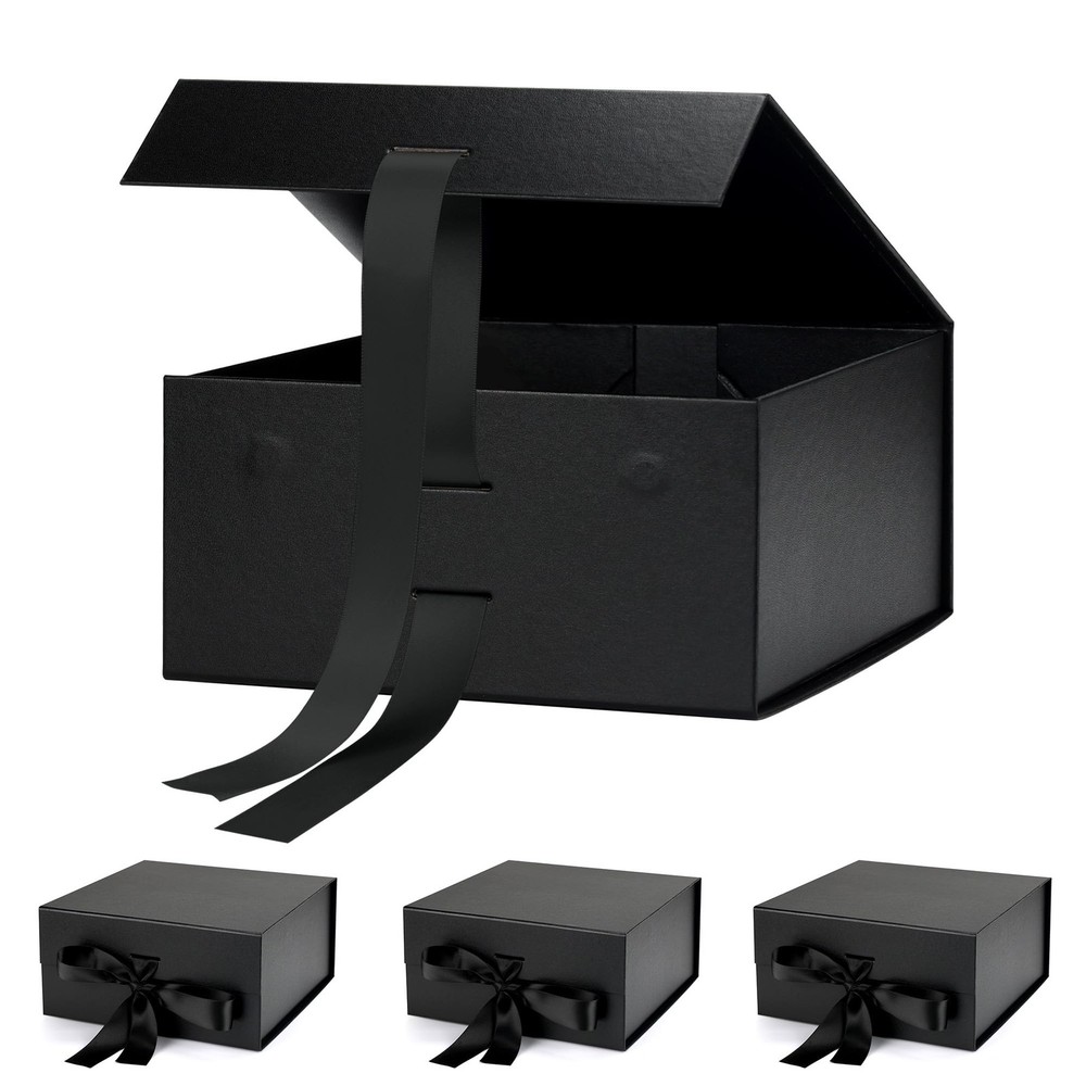 4 Pack 8x8x4 Inch Black Magnetic Gift Boxes with Lids for Presents