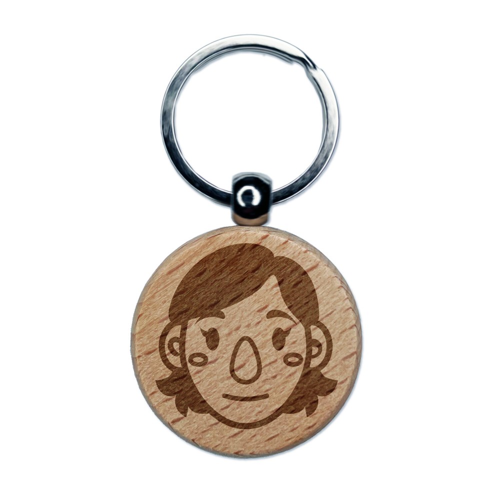 Human Female Character Face Engraved Wood Round Keychain Tag Charm