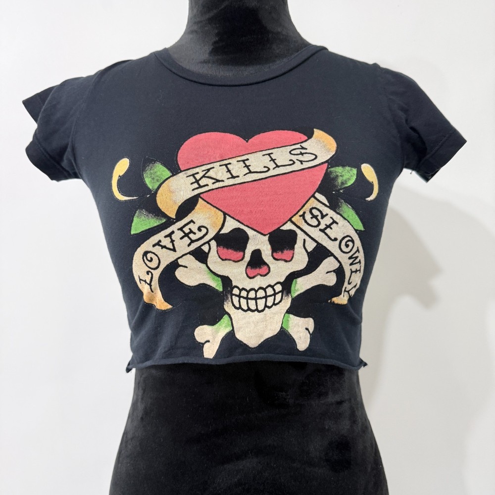 Ed Hardy Y2K Love Kills Slowly Skull Crop Top T Shirt Size XS Black Tattoo Goth