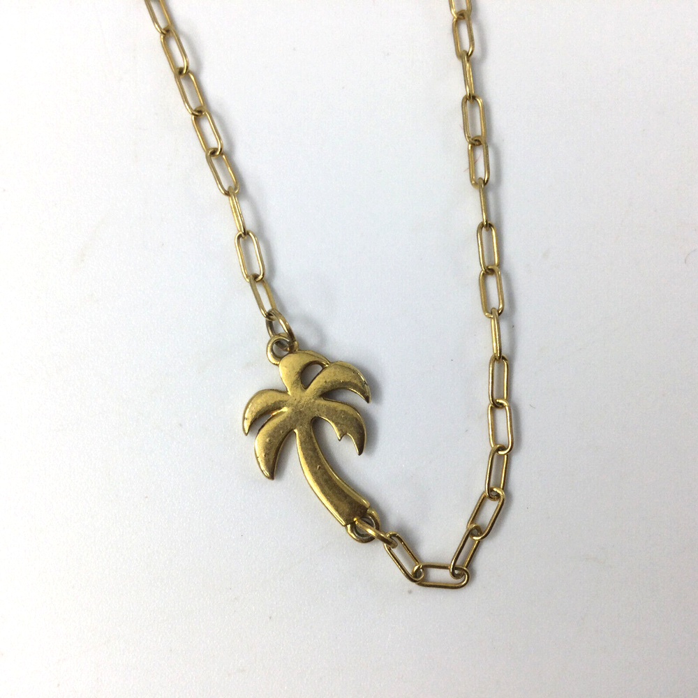 Gold Tone Brass Choker Necklace with Palm Tree Pendant and 16-Inch Chain