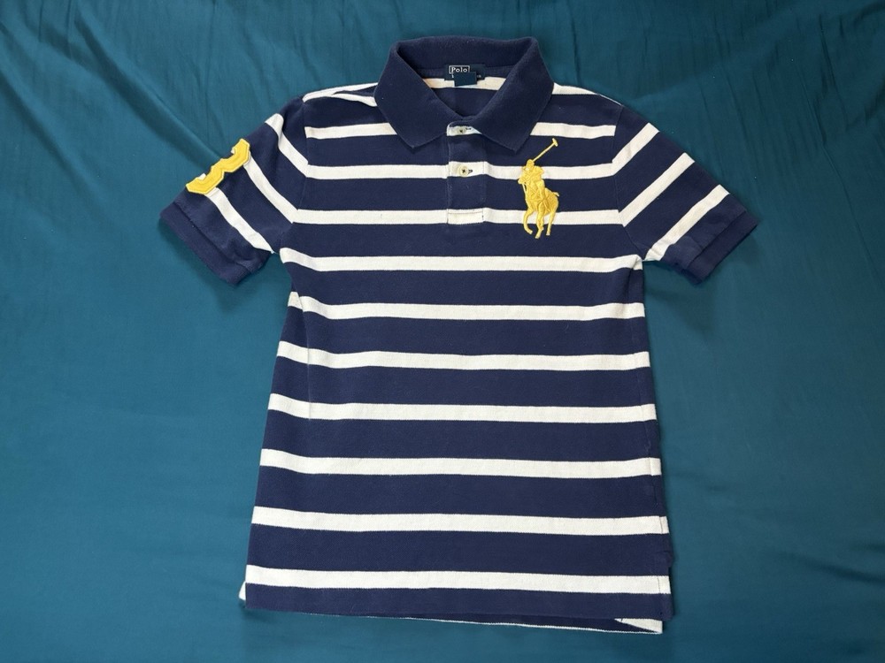 Polo Ralph Lauren Polo Shirt Boys Medium 10-12 Blue White Stripes Big Pony 3