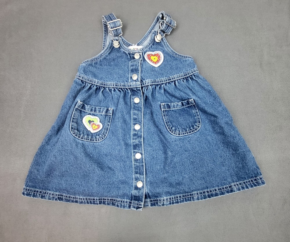 Vintage Gymboree Denim Pinafore Dress Medium M 3-4 Years Heart Bird Patches