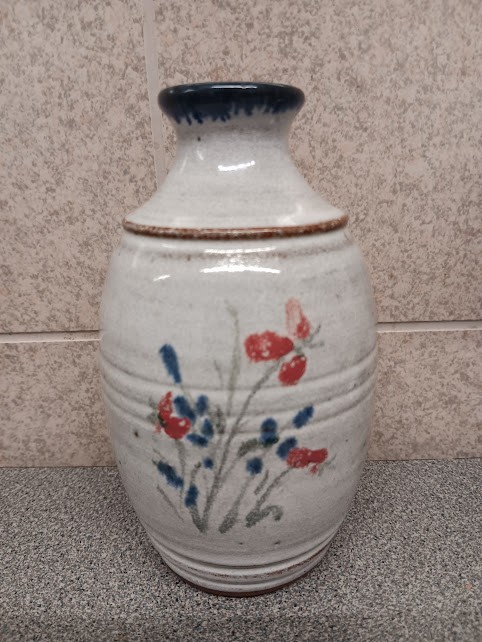 Owens Pottery NC Rustic Bud Vase Blue with Burgundy Floral Design Stamped