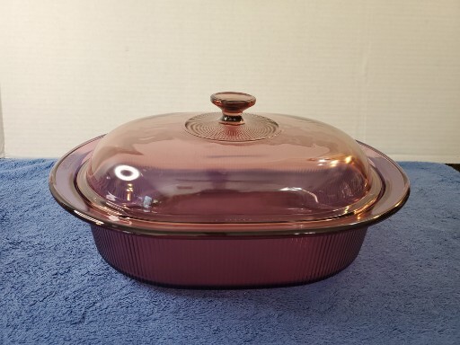 Vintage Visions Corning Cranberry 4Qt Ribbed Oval Casserole Roaster & Lid V-34-C