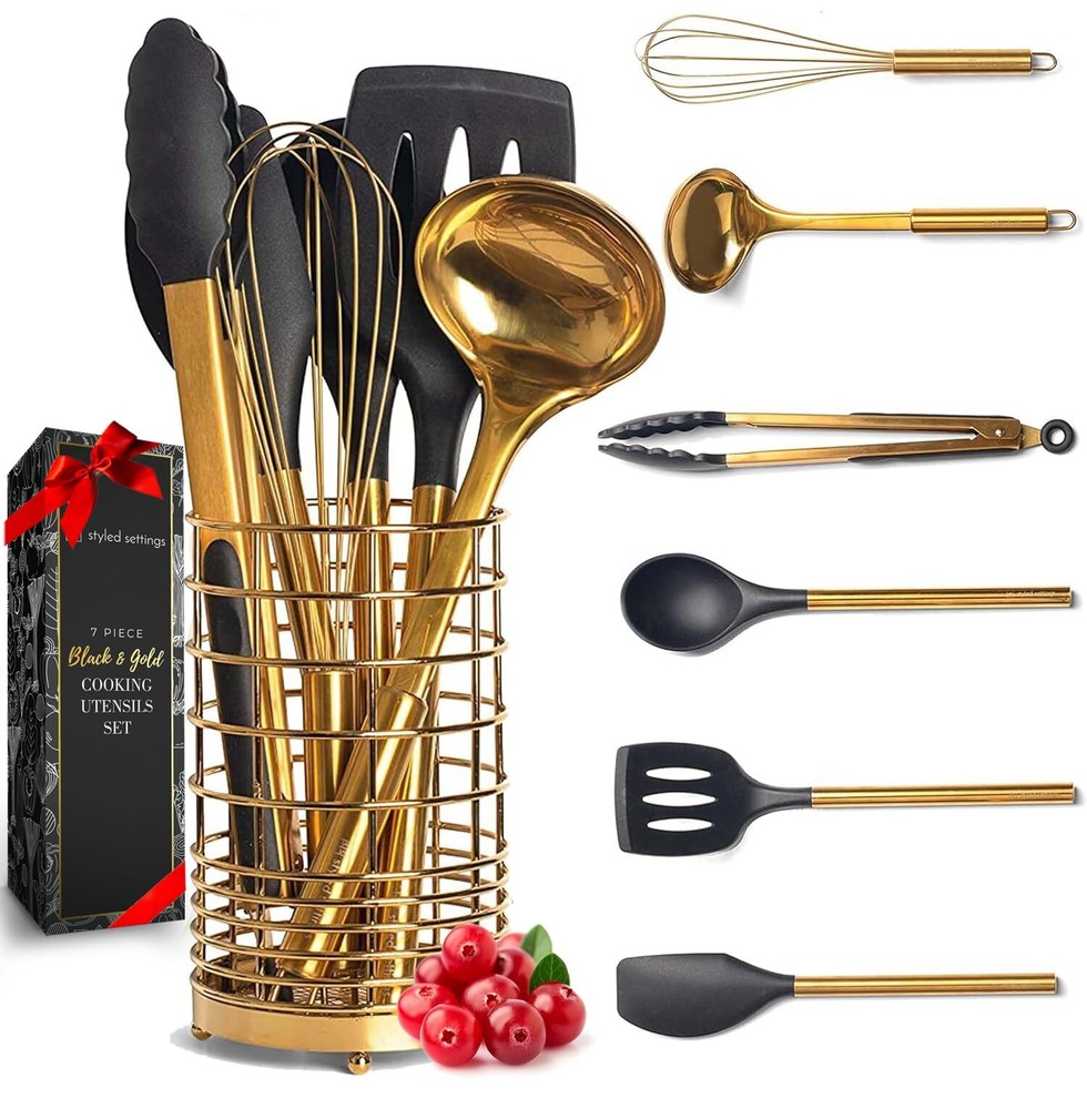 Black and Gold Kitchen Utensils with Gold Utensil Holder -17PC Gold Cooking U...