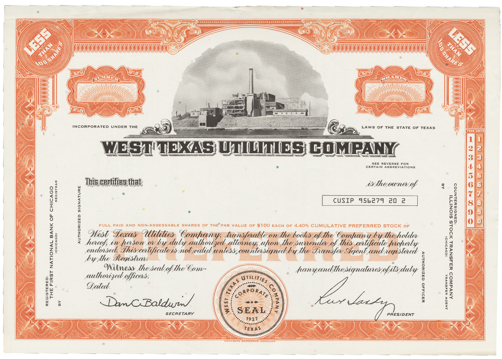 West Texas Utilities Company. Stock Certificate.