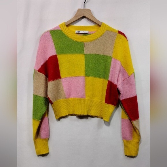 Zara Colorblock Knit Sweater Womens M Multicolor Artsy Retro Boho 90s Y2K