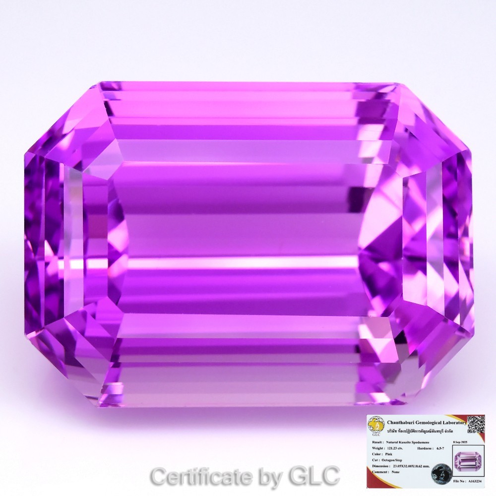 💎 GLC CERTIFIED Exceptional 121.23ct IF Natural Octagon Electric Pink Kunzite
