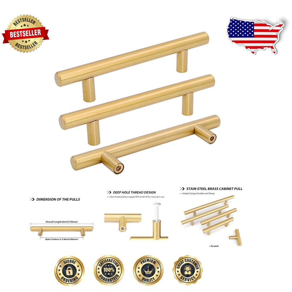 30 Modern Brushed Brass Handles - Keyless DIY Cabinet Pulls, Easy Install