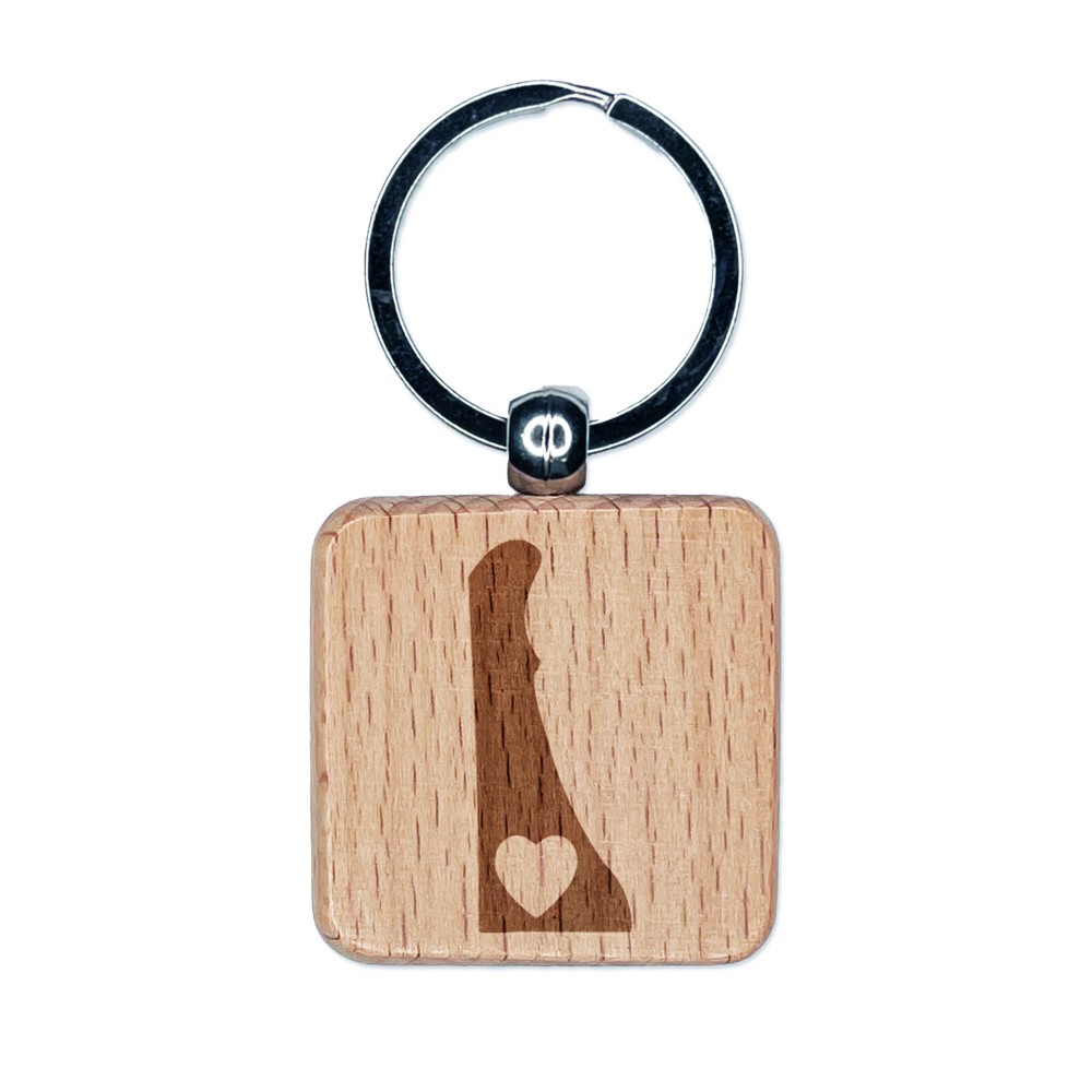 Delaware State with Heart Engraved Wood Square Keychain Tag Charm