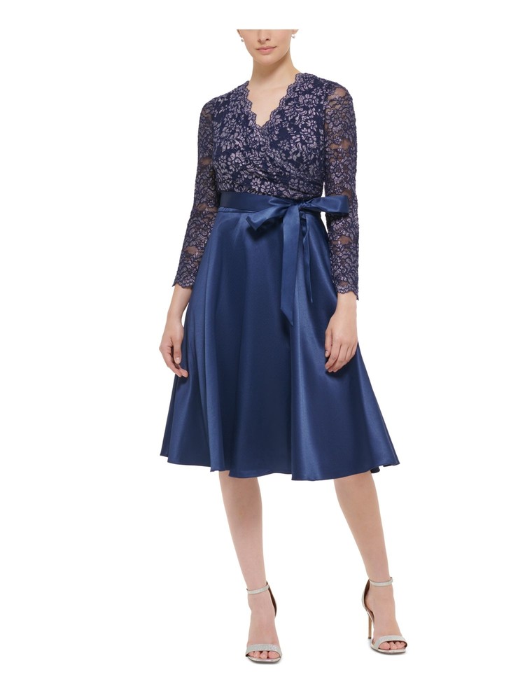 JESSICA HOWARD Womens Navy Lined Threading Self-tie Belt Dress 14