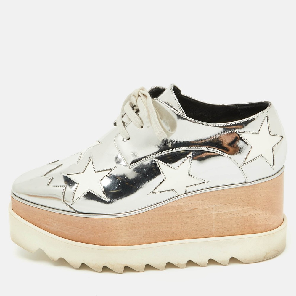 Stella McCartney SilverWhite Faux Leather Elyse Star Platform Derby Sneakers