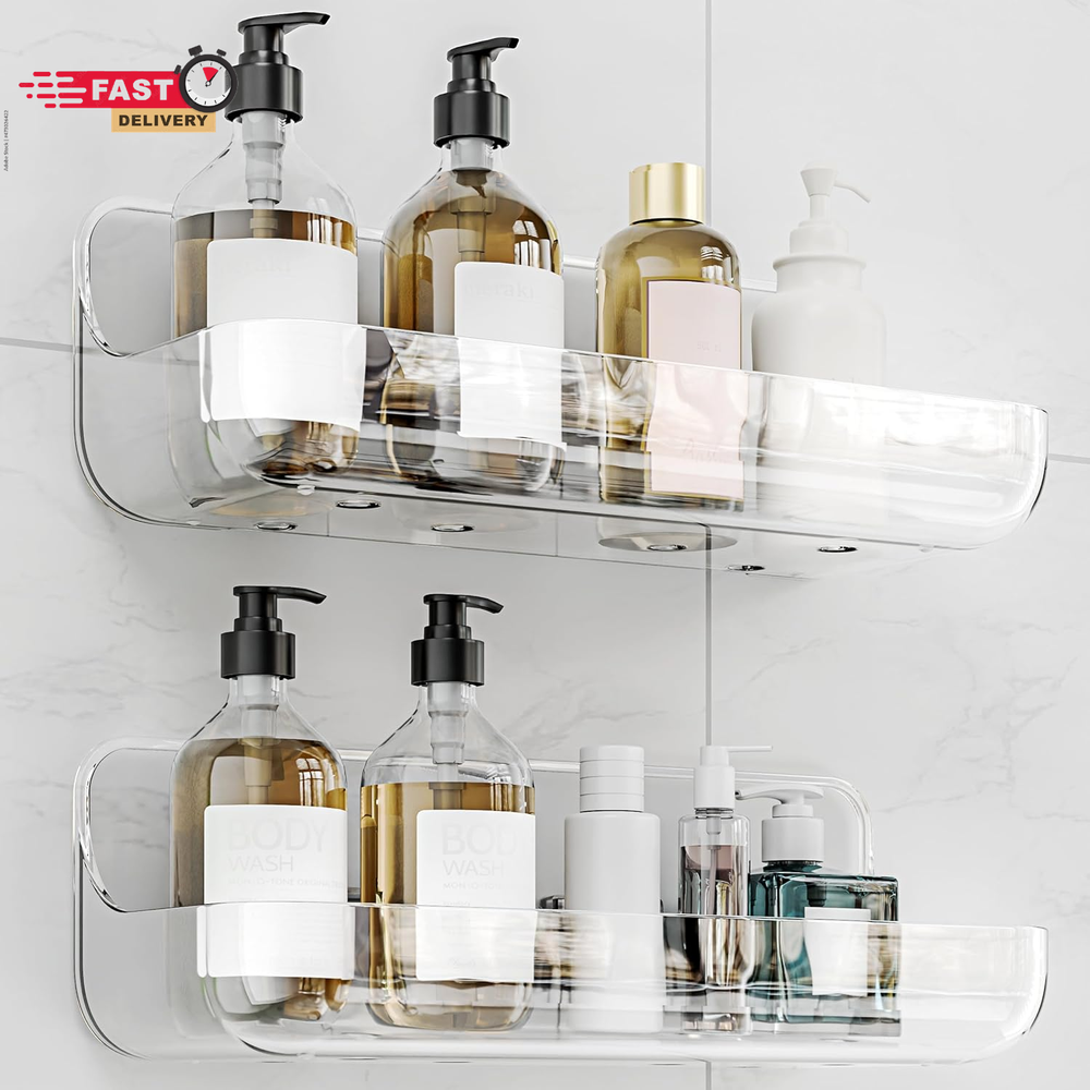 Adhesive Shower Caddy, 2 Pack Acrylic Bathroom Shelves, No Drill Wall Mount Orga