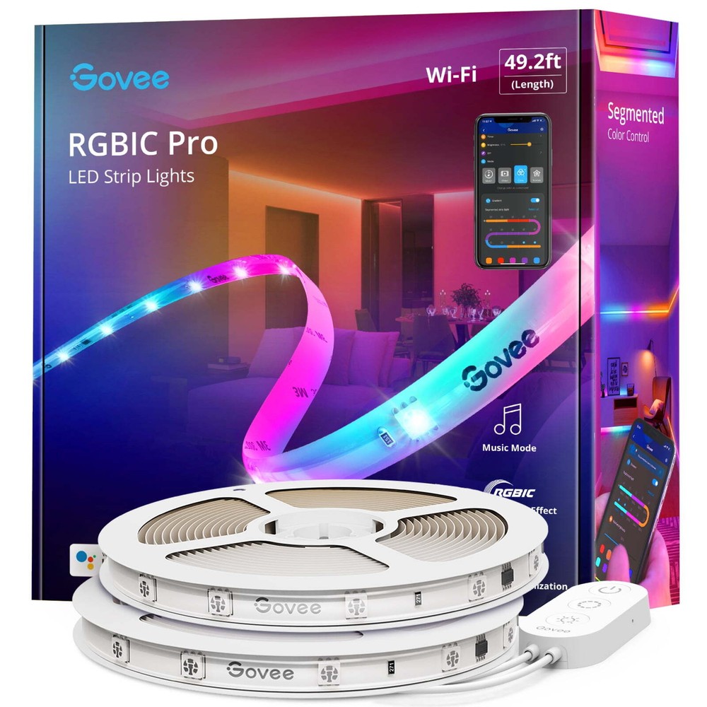 Govee 49.2ft Wi-Fi RGBIC LED Strip Lights 48W Waterproof for Bedroom TV Backlight