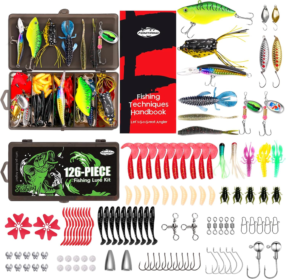 126Pcs Fishing Lures Tackle Kit w Frogs Minnows Soft Baits Hooks Weights Trout