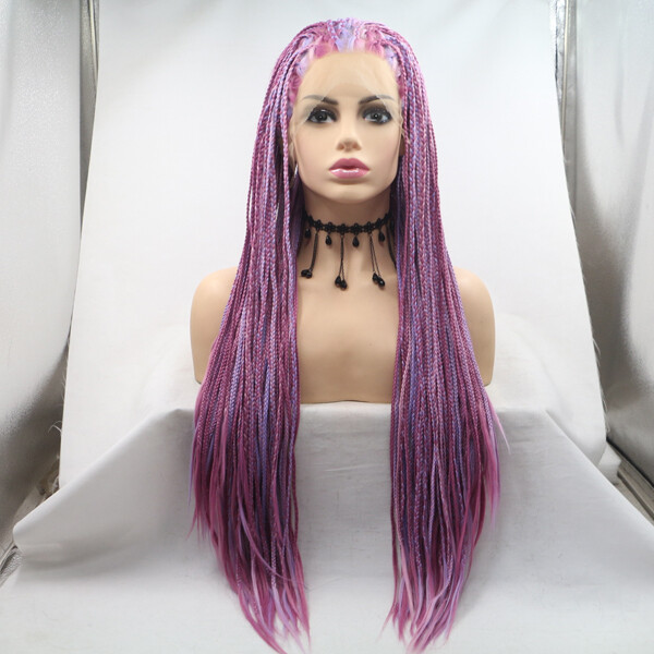 Long Straight Purple Highlight Braided Cosplay Wig Glueless Lace Front Soft Hair