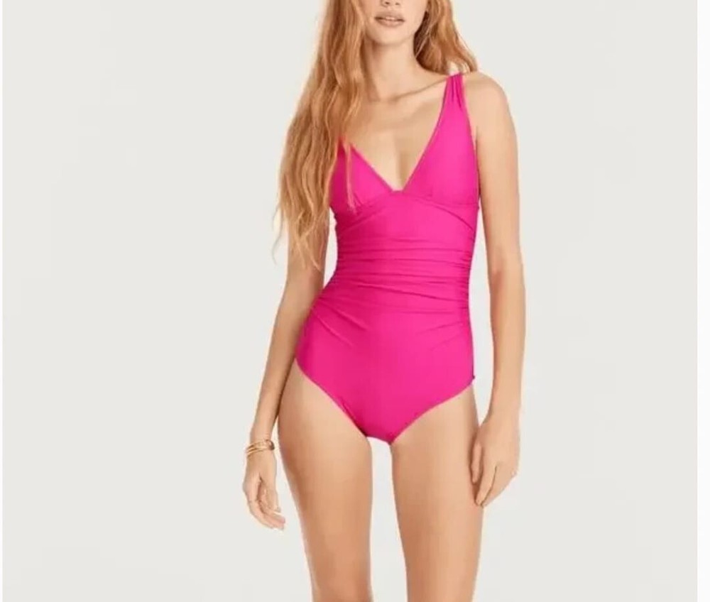 J.Crew Womens Ruched V-Neck One-Piece Swimsuit in Radiant Fuchsia Size 20