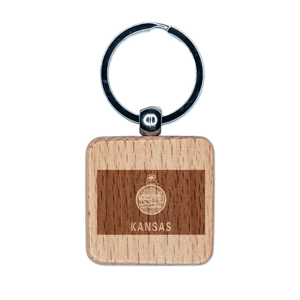 Kansas State Flag Engraved Wood Square Keychain Tag Charm