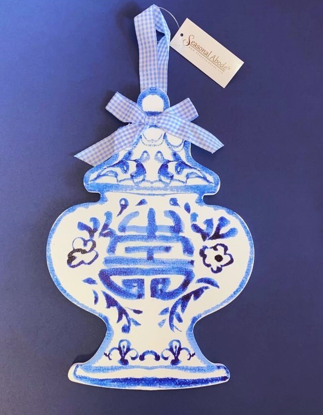 SEASONAL ABODE Blue Asian GINGER JAR Wooden Painted Ornament Wall Hanging NWT-image