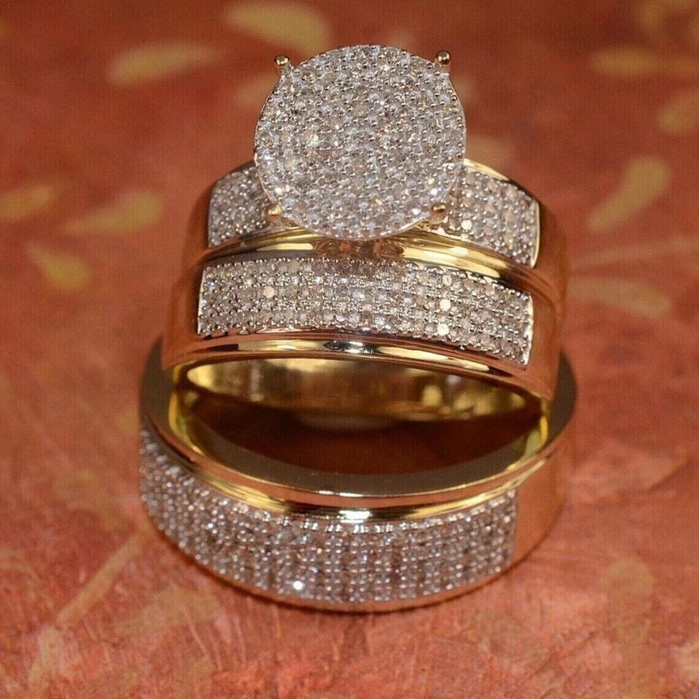 14k Yellow Gold Plated 4Ct Lab Created Diamond His & Hers Wedding Trio Ring Set