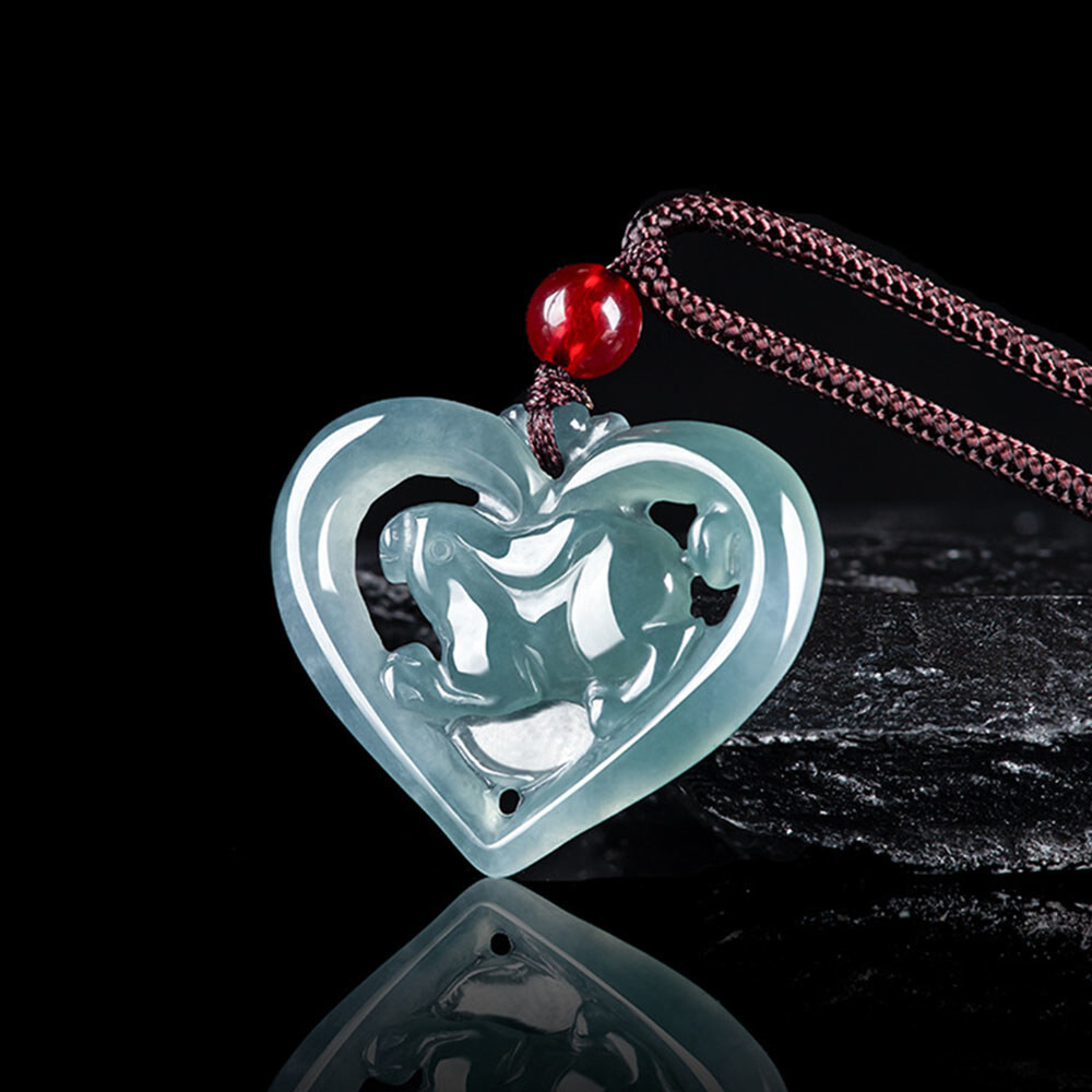 Natural Blue Jadeite Rabbit Heart Pendant for Women 30x25mm Lucky Charm