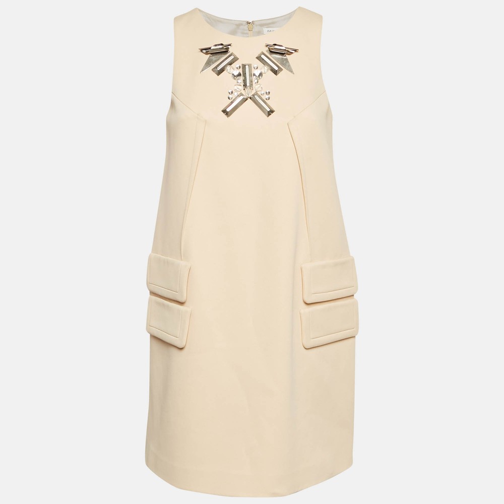 Paule Ka Cream Metal Embellished Stretch Crepe Mini Shift Dress S