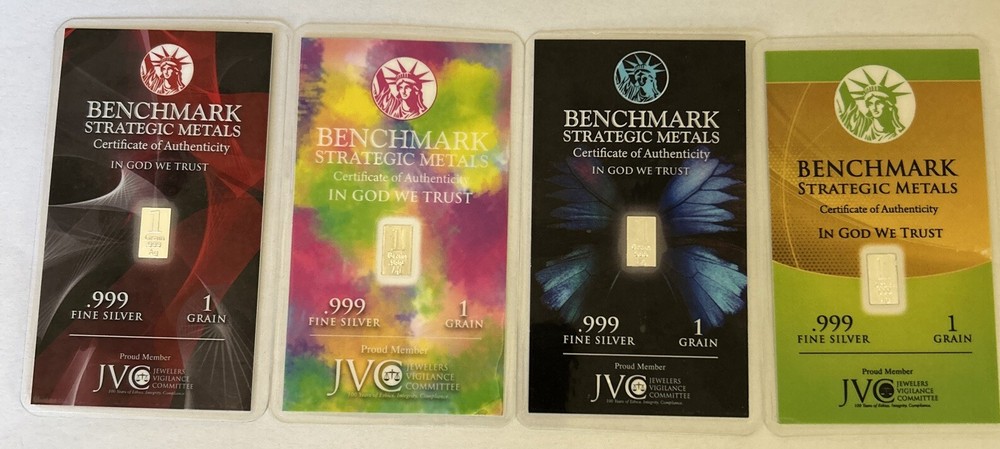 One (1) Random Benchmark Strategic Metals 1 Grain .999 Fine Pure Silver Card Bar