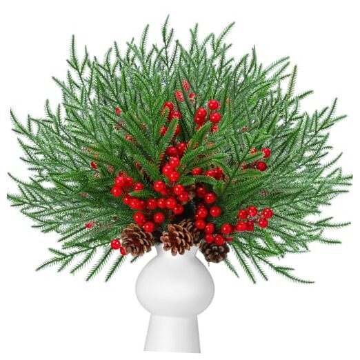 20 Pcs 17-Inch Artificial Norfolk Pine Christmas Branches with Cones and Berries  