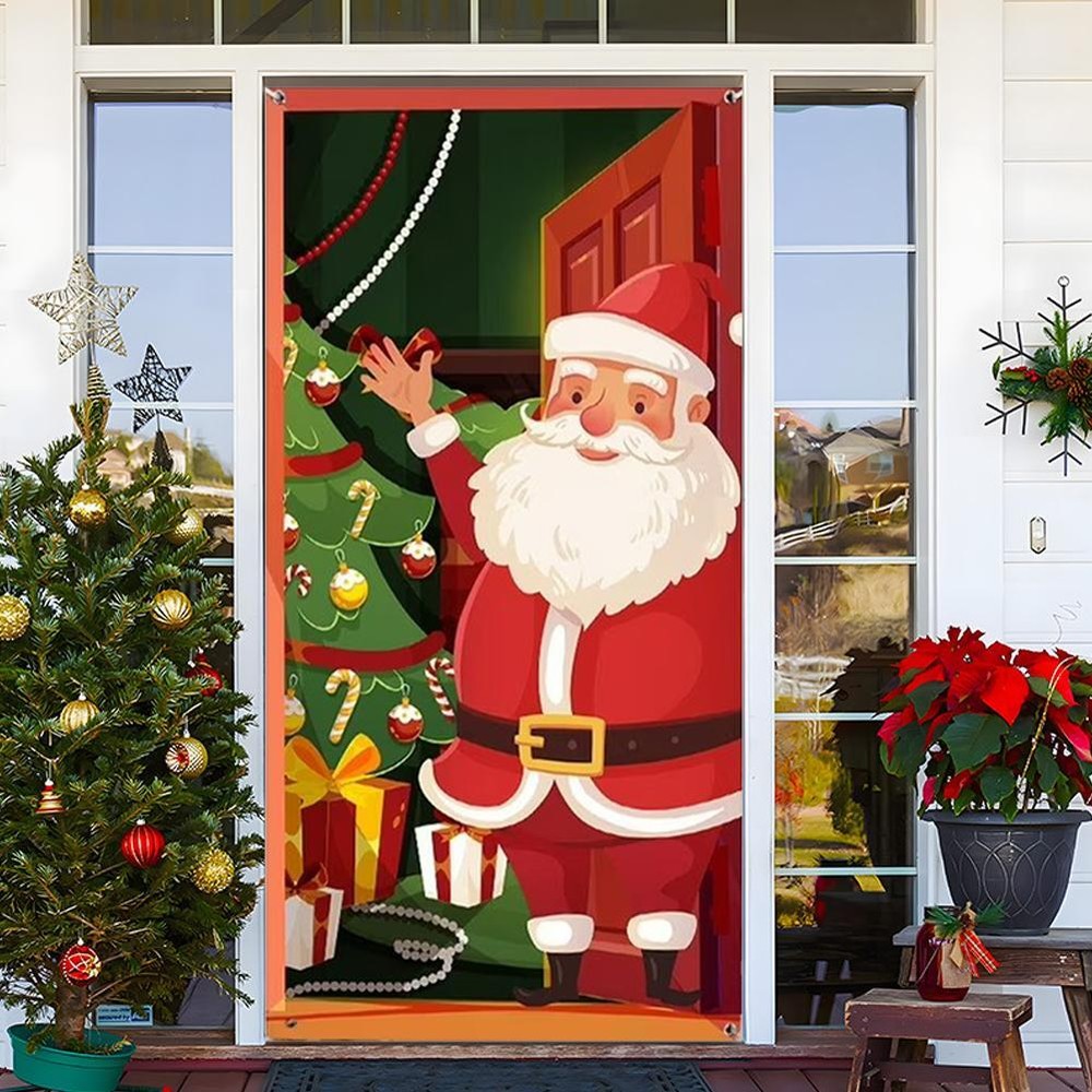 Christmas Door Cover Front Door Decoration Holiday Santa Claus Banner Printing~