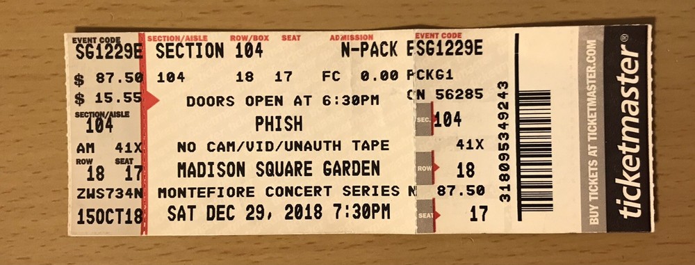 2018 PHISH 12/29 MADISON SQUARE GARDEN NEW YORK CITY CONCERT TICKET STUB TREY 17