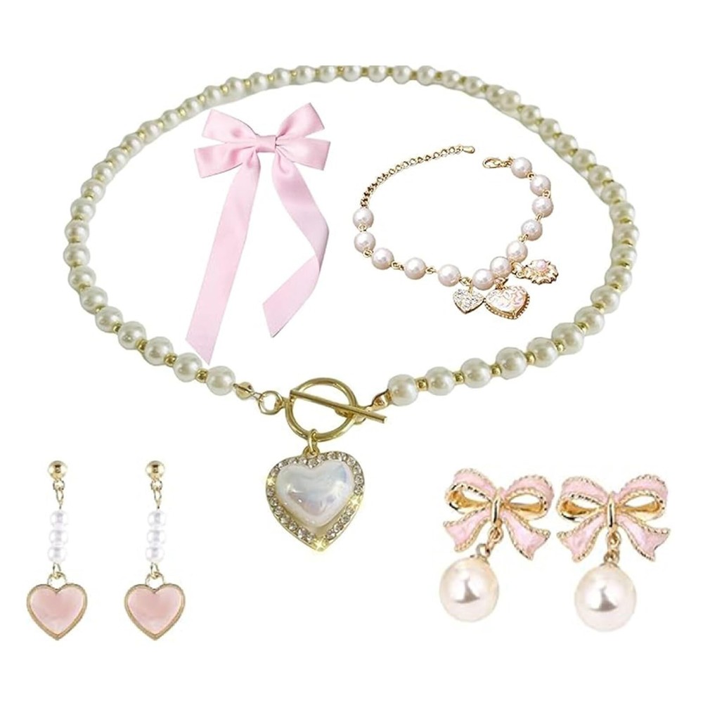 Pearl Coquette Jewelry Set - Pearl Bow Earrings Pink Bows for Hair for Women ...