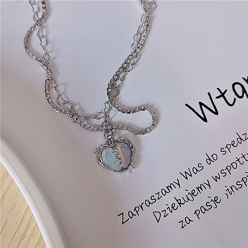 925 STERLING SILVER HEARTSHAPE NECKLACE PENDANT SIMULATED DIAMONDS & 8MM OPAL