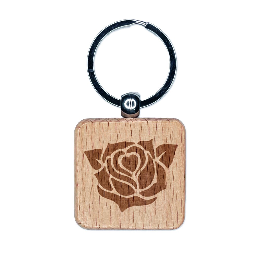 Rose Heart Center Engraved Wood Square Keychain Tag Charm