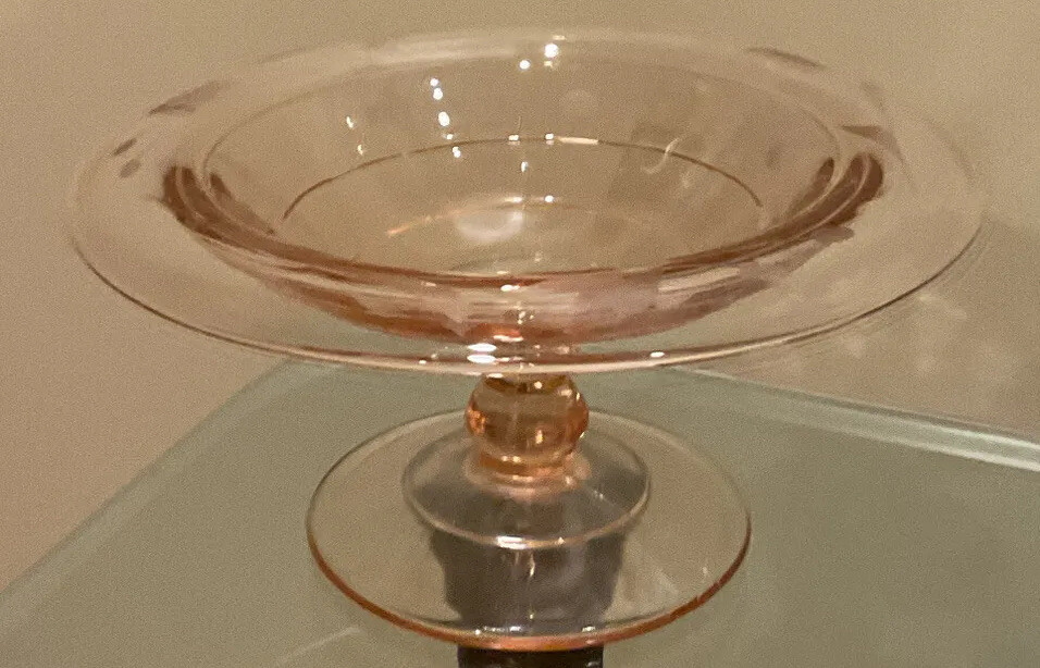 Vintage Pink Depression Glass Pedestal Bowl with Etched Floral Design and Rolled Rim