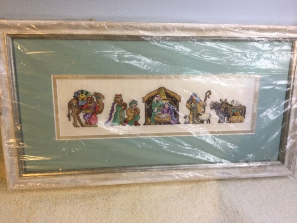 Completed Matted Framed Counted Cross Stitch Christmas Nativity Scene Manager